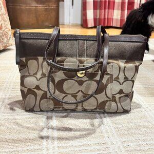 Like New - Coach Brown Signature Tote Bag with Front Pocket